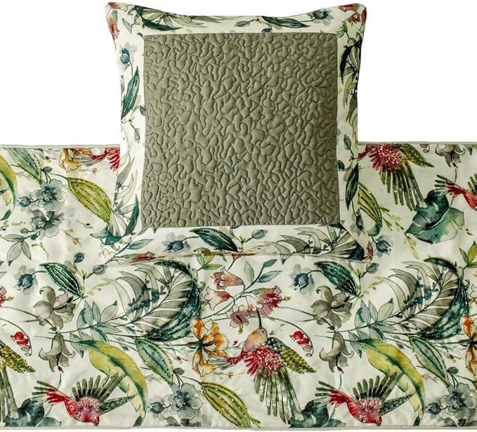 The HomeCentric King Queen Twin Ivory & Multi Designer Full 68"x18" Bed Runner with 2 Pillow Cover, Bird, Sequins & Beaded Bed Scarf on Cotton Fabric - Exotic Birds