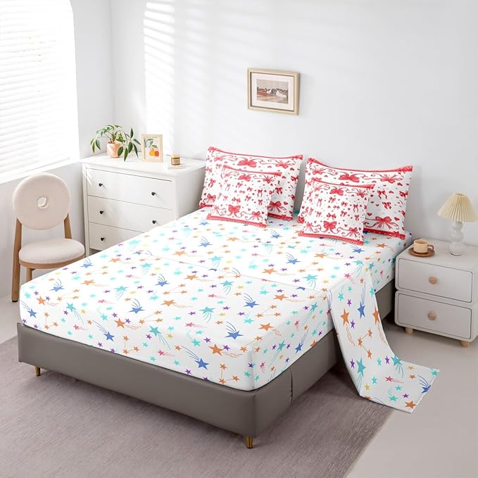 Feelyou Bowknot Comforter Set with Sheets 7 Piece Twin Size Dreamy Princess Bedding Set for Kids Boys Girls Cute Bow Bed in a Bag Love Hearts Room Decor Soft Lightweight Microfiber