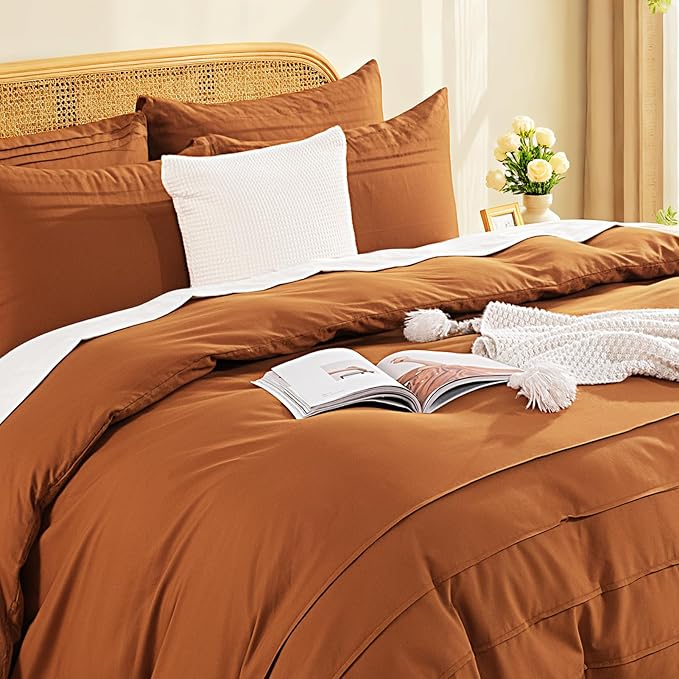 NEXHOME PRO 100% Organic Cotton Duvet Cover Set Full Size Linen Pleated Design,Terracotta Burnt Orange, 3pc Bedding Set with Zipper Closure, Soft, Lightweight and Breathable (80"x90", No Comforter)