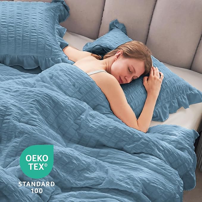 JOLLYVOGUE Full Size Comforter, 3 Pieces Sea Blue Seersucker Lightweight Full Size Bedding, All Season Fluffy Microfiber Bedding Comforter Set with 1 Ruffle Comforter and 2 Ruffle Pillowshams