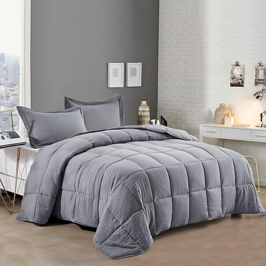 HIG 3pc Prewashed All Season Down Alternative Comforter Duvet Insert - Quilted Comforter with Corner Tabs -Box Stitched -250GSM Fiberfill Chic Farmhouse Style Bedding(Salomon,King,Gray)