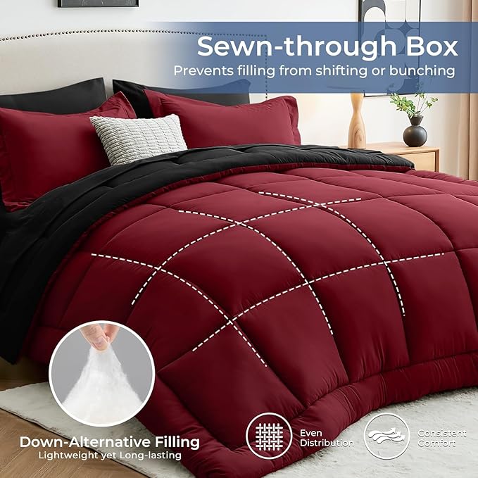 Sasttie Red & Black Queen Comforter Set, 7 Pieces Bed in a Bag Queen, Complete Bedding Set Includes Comforter, Flat Sheet, Fitted Sheet, Pillowcases and Pillow Shams, Burgundy