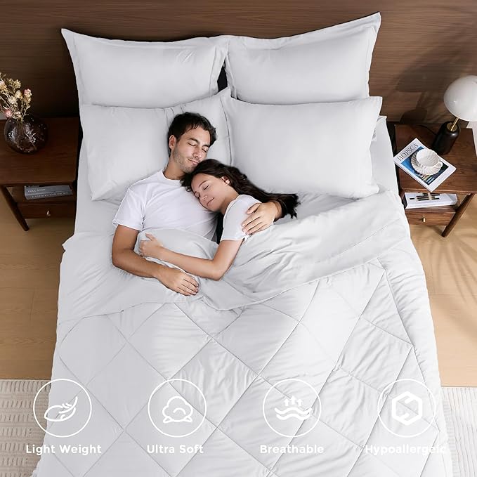 HEVUMYI White California King Comforter Set - 7-Piece All Season Bed in a Bag Cal King, Ultra Soft Bedding Set with Comforter, Flat Sheet, Fitted Sheet, Pillowcases, Pillow Shams