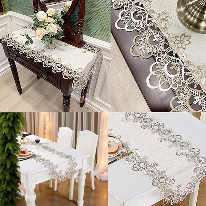 LeLehome 69 Inches Embroidery Lace Table Runner, Classic Jacquard Floral Dresser Scarf for Kitchen Dining Restaurant Party Wedding Tabletop Home Decoration Beige White