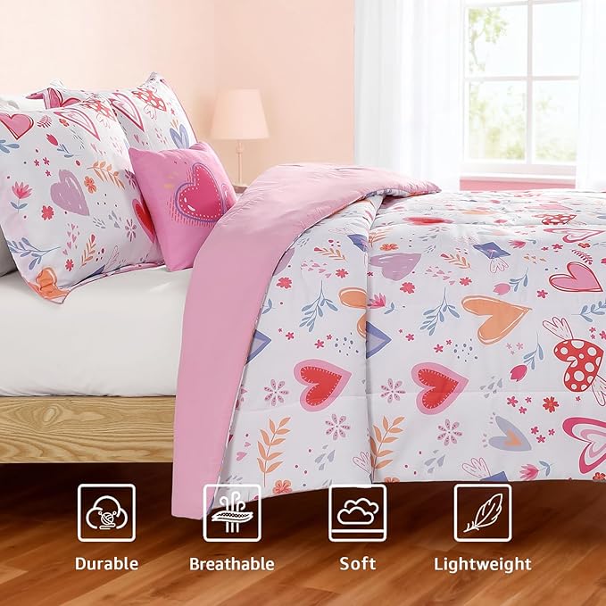 Full Size Comforter Set for Girls - 4 Pieces Heart Love Full Bedding Sets for Kids,1 Comforter, 2 Shams and 1 Decor Pillow