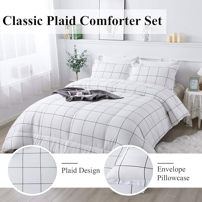 Andency White Grid Comforter Set King(104x90Inch), 3 Pieces (1 Plaid Comforter and 2 Pillowcases) White Plaid Comforter Set, Lightweight Microfiber Gingham Geometric Comforter Bedding Set