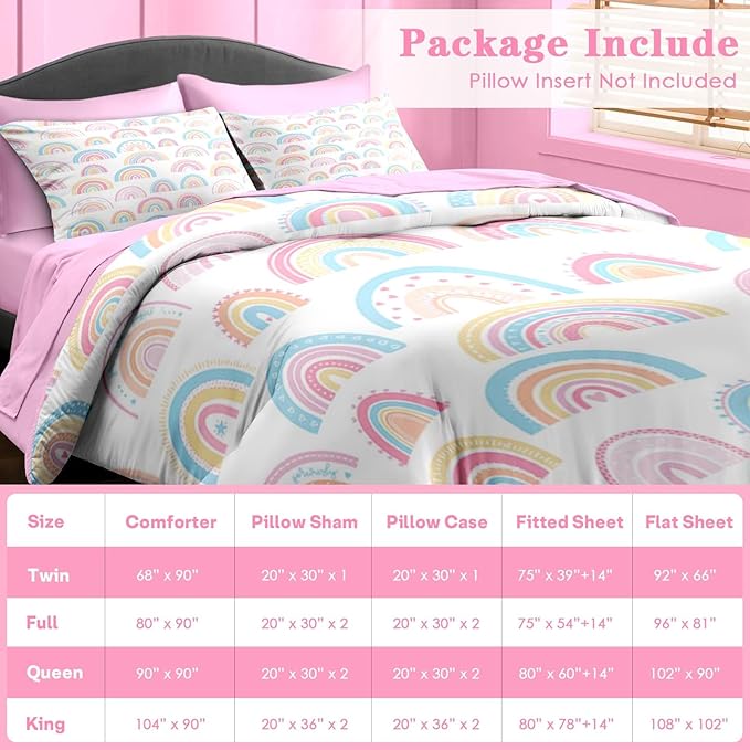 Comforter Set Full Size, Cute Cartoon Rainbow 7 Pcs Bedding for Kids and Adults, Pink Boho Nursery Bed Sheet Sets with Fitted Sheet 2 Pillowcases & 2 Shams for Bedroom Bed Decor