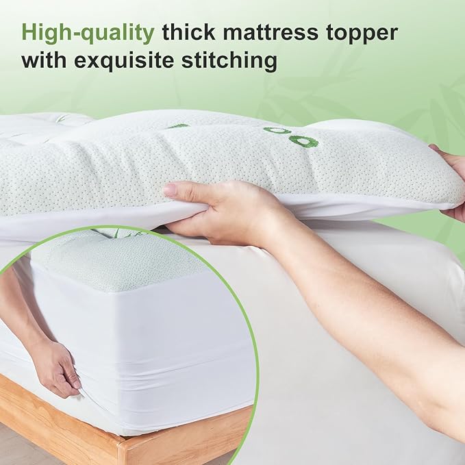 King Size Mattress Topper Viscose Derived from Bamboo, Soft Thick Pillow Top Mattress Pad Cover for Back Pain, Cooling Mattress Protector with 8-21 Inch Deep Pocket, White