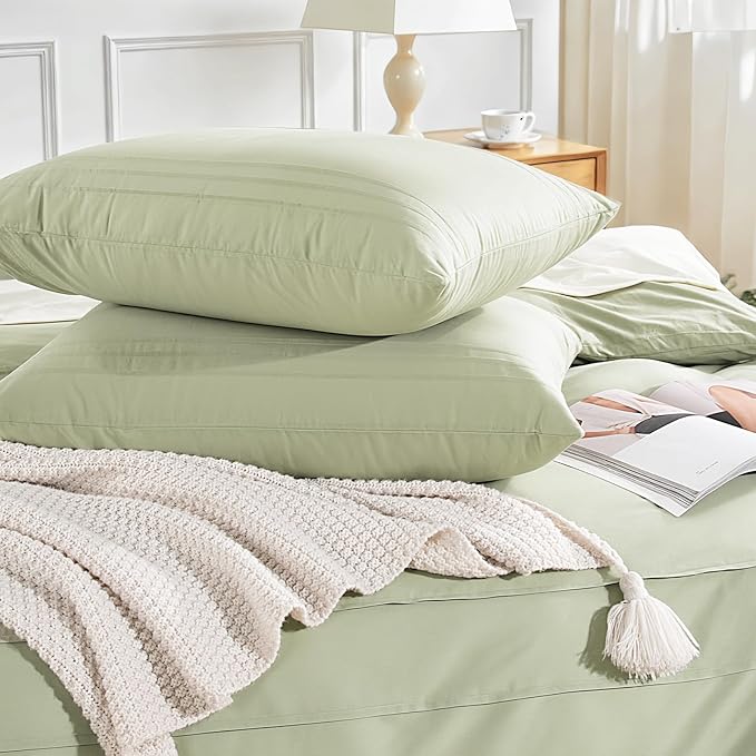 NEXHOME PRO 100% Washed Cotton Duvet Cover Twin,Linen Like Pleated Textured Sage Green Duvet Cover Set,2pc Organic Bedding Set with Zipper Closure,Soft,Lightweight Breathable(68"x90", No Comforter)