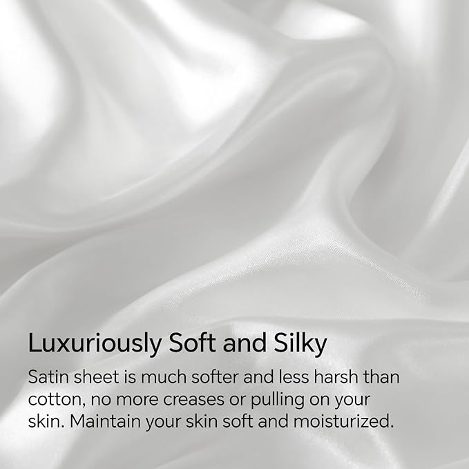 BEDELITE Satin Sheets Twin Size Bed Set, Luxury Soft White Silky Sheets for Hair and Skin, Similar to Silk Bed Sheets Set 3 Pieces with 1 Deep Pocket Fitted Sheet, 1 Flat Sheet, and 1 Pillowcase