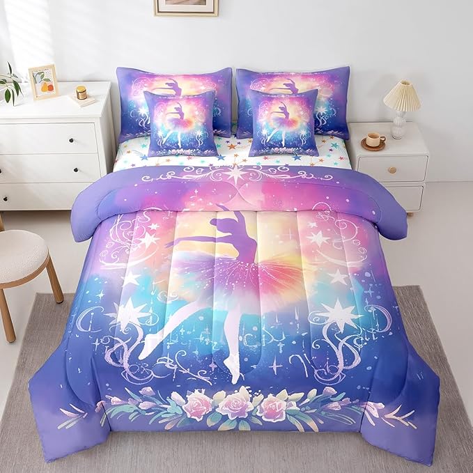 Feelyou Kids Ballet Dancer Comforter Set with Sheets King Size, Ballerina 7 Pieces Bedding Set Boys Girls Dreamy Princess Bed in A Bag Dancing Teens Bed Set Bedroom Decor 7Pcs