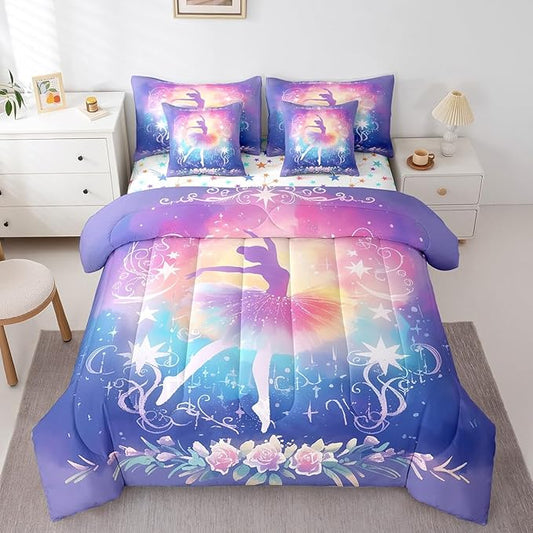 Feelyou Kids Ballet Dancer Comforter Set with Sheets Twin Size, Ballerina 7 Pieces Bedding Set Boys Girls Dreamy Princess Bed in A Bag Dancing Teens Bed Set Bedroom Decor 7Pcs