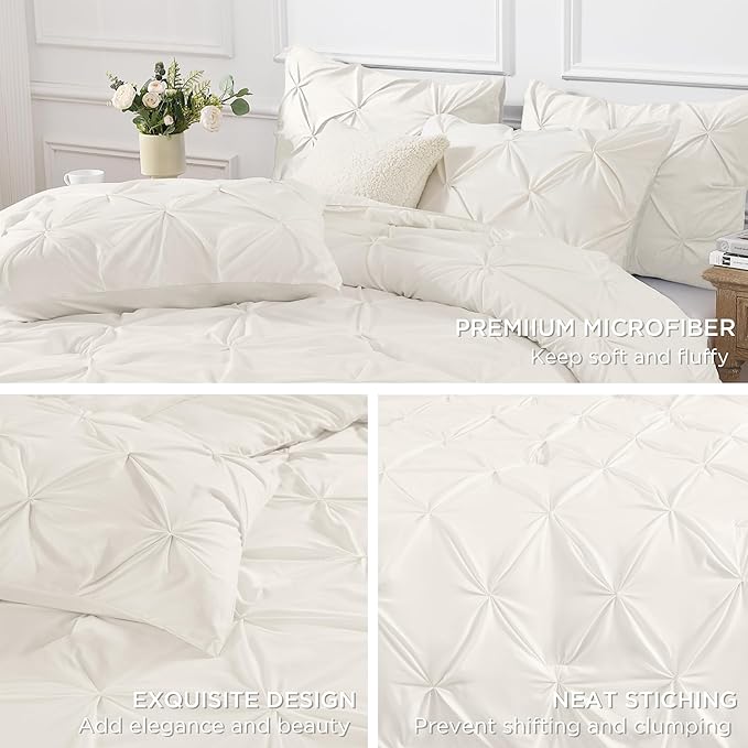 Andency Ivory Pinch Pleat Comforter Twin(66x90Inch), 2 Pieces(1 Down Alternative Comforter and 1 Pillowcase) Ivory Bed Set Microfiber Pintuck Bedding Set