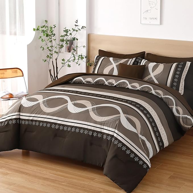 Anibedding Boho Comforter Set,8 Pieces Bed in a Bag Patchwork Striped Comforter Set,Brown Bed Set King Size,Soft Microfiber Boho Bedding Set for All Season(90"×104")