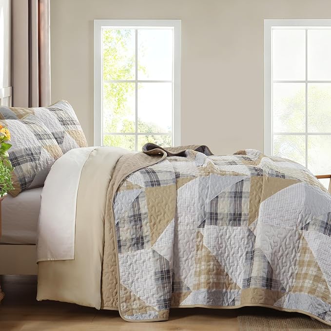 Annibedding Brown Quilt Set Queen Size, 3 Pieces Patchwork Geometric Bedspread Coverlet Set, Soft Lightweight Plaid Patchwork Bedding Quilt Set for All Season (Queen, 96''x90'')