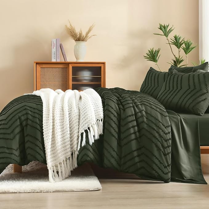 Litanika Super King Size Comforter Set with Sheets Olive Green - 7 Pieces Bed in a Bag Oversized King Boho Tufted Complete Bedding Sets with Comforter, Sheets, Pillowcases & Shams