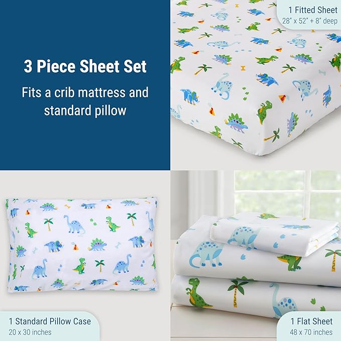 Wildkin 100% Cotton Toddler Sheet Set – Soft & Cozy Bed Sheets - Dinosaur Land
