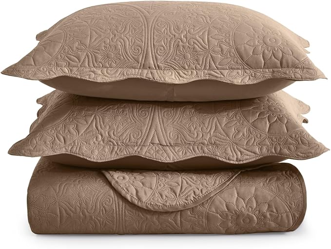 IR Imperial Rooms Twin Quilt Bedding Set Size (68” x 86”) + 1 Pillow Shams (20” x 26” + 2”) - 2 Pcs All Season Lightweight Reversible Microfiber Coverlet Floral Embossed Quilt Bedspread (Beige)