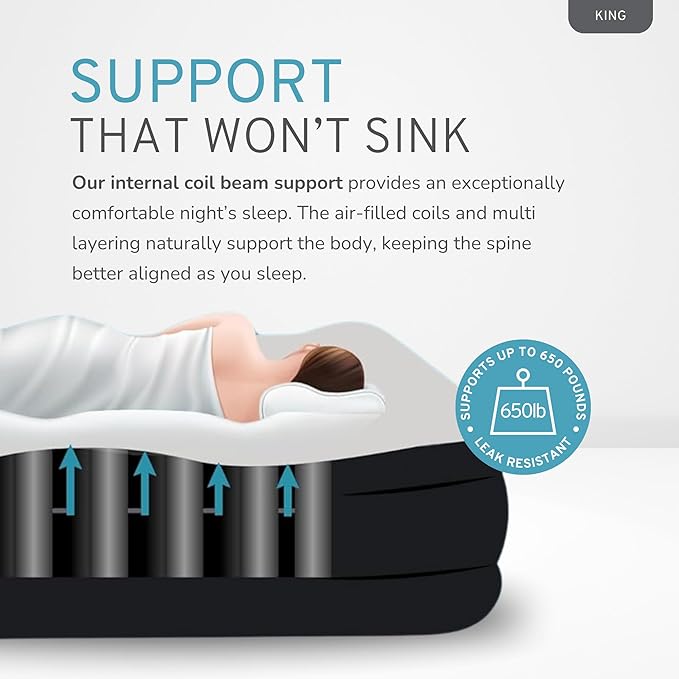 RestElevated Luxury Pillow Top King Size Air Mattress with Built in Pump | 20" Raised Height with Coil Beam Support | Adjustable Blow Up Air Bed | for Home, Guests and Camping [Black with Cream Top]