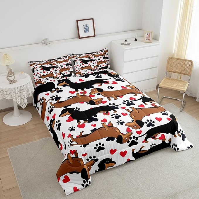 Dachshund Bedding Set for Girls Boys Kids Sausage Dog Comforter Lovely Red Love Hearts Animal Paw Pattern Comforter Set Room Decor Cute Pet Dog Duvet Set Queen Size Bedspreads Coverlet Sets 3Pcs