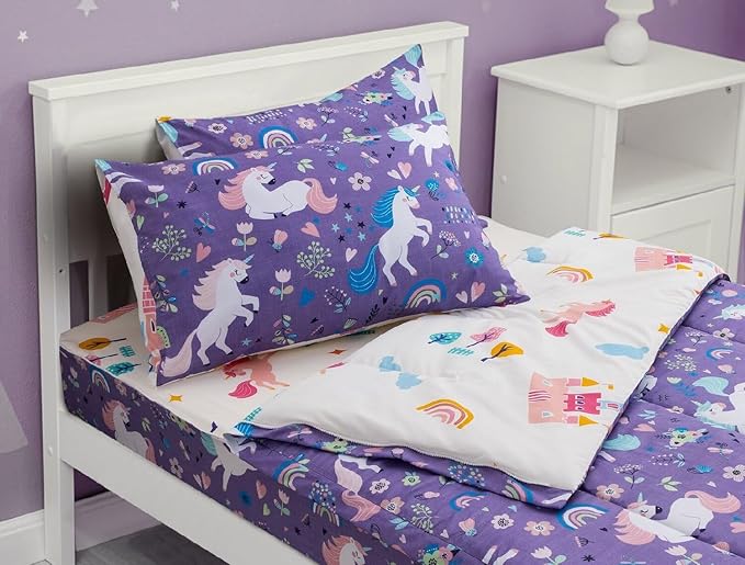 Meeting Story 3pcs Kids Comforter Sets Zipper Bedding Set for Girls,Full Kid Bedding Set Rainbow Comforter Unicorn Bedding for Kid,All in one Zipper Bedding(Purple,Full)