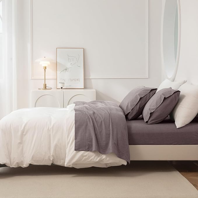 JIYUAN 100% Washed Cotton Sheet Set 4 Pieces Full,1 Fitted Sheet,1 Flat Sheet and 2 Pillowcases,Comfy and Breathable Linen Like Bedding Set,Heathered Mauve Brown