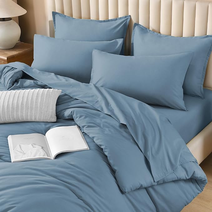 Litanika Comforter Queen Size Set Grayish Blue - 7 Pieces Bed in a Bag Queen Bedding Comforter Sets, Plain Lightweight Bed Set with Comforter, Sheets, Pillowcases & Shams