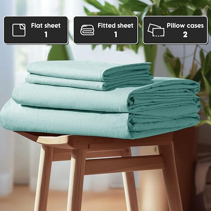 SONORO KATE 100% French Pure Linen Sheets, Breathable and Durable Linen King Size Sheets, Anti-Tear Linen Bed Sheets, Machine Washable, 16 Inch Deep Pocket - 4 Piece (Aqua, King)