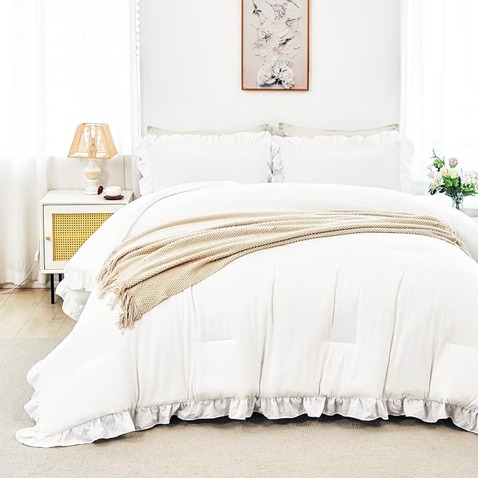 ANGIYUIN White Ruffle Comforter Set Twin 5 Pieces Ruffled Bed in A Bag with Sheets Soft Farmhouse Bedding Sets for Kids Girls Teens(White Twin)
