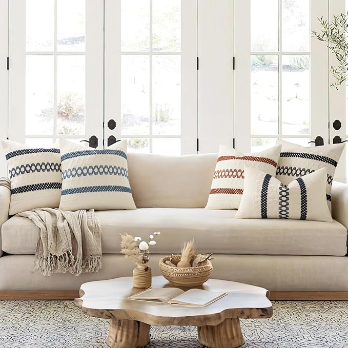 MIULEE Set of 2 Coastal Blue Boho Decorative Pillow Covers 16x16 Inch Farmhouse Rustic Couch Throw Pillows Modern Cotton Cushion Covers Retro Cute Macrame Woven Spring Home Decor for Bed Sofa Chair