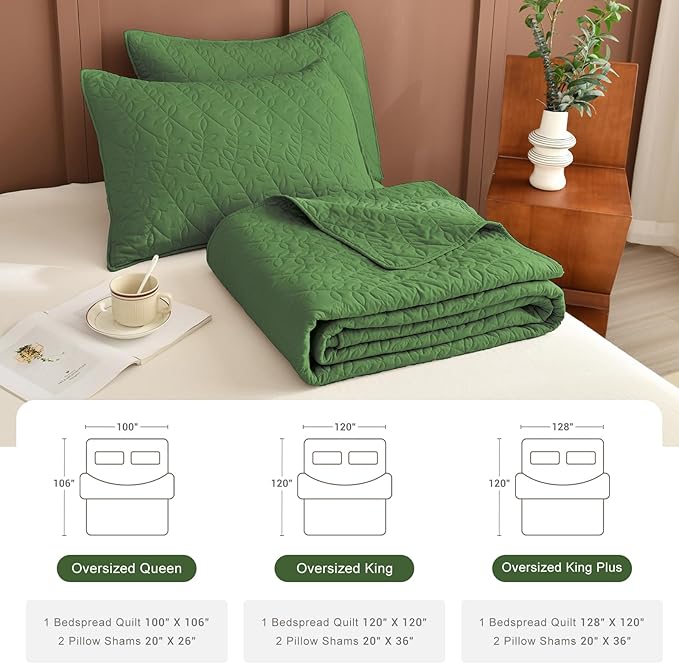 Lady Ann Olive Green Oversized King Bedspread 128x120, 3 Pcs Leaves Pattern Printed Oversized King Quilt Set for Extra Large Bed, Lightweight & Soft Farmhouse Bedspreads & Coverlets