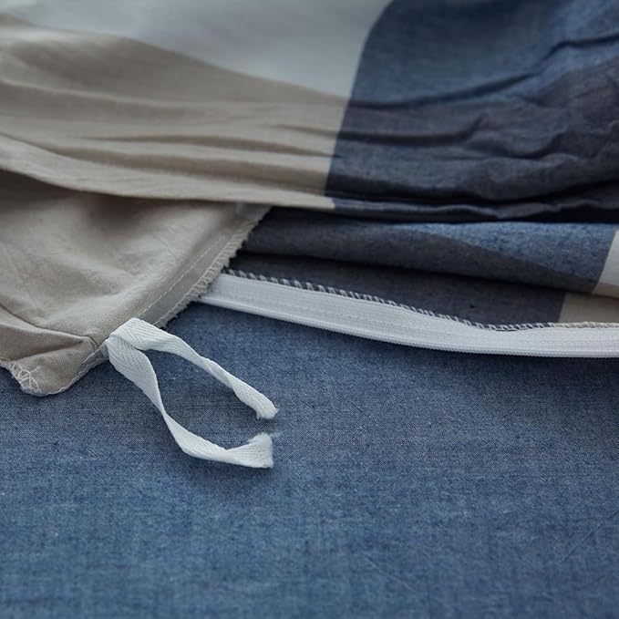 FACE TWO FACE Bedding Duvet Cover Set100% Washed Cotton Duvet Cover Linen Like Textured Breathable Durable Soft Comfy (Queen, Blue and White Grid)