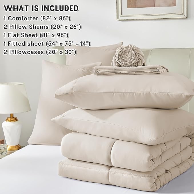 Anluoer Full Size Bed in a Bag 7 Pieces, Beige Bed Comforter Set with Sheets, All Season Bedding Sets with 1 Comforter,2 Pillow Shams,2 Pillowcases, 1 Flat Sheet,1 Fitted Sheet