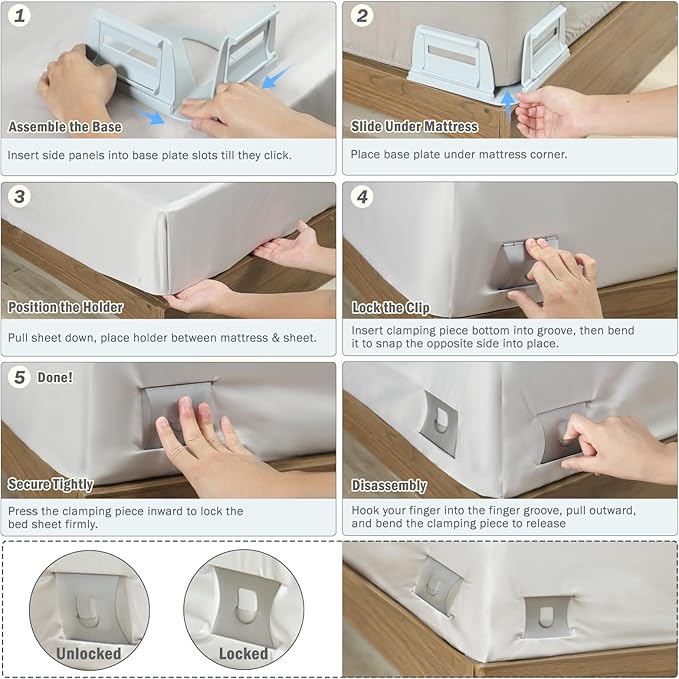 VOOWO Bed Sheet Holders For Corners - Bed Lock Sheet Holder Keep Sheets Firm & Tight, Heavy Duty Fitted Sheets Corner Holders, Mattress Corner Clips Bedsheet Gripper For King Queen Size Beds, Set of 4