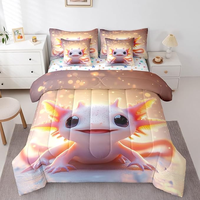Feelyou Kids Cute Axolotl Comforter Set with Sheets Full Size, Cartoon Salamander 7 Pieces Bedding Set Boys Girls Kawaii Animal Bed in A Bag Ocean Sealife Teens Bed Set Bedroom Decor 7Pcs