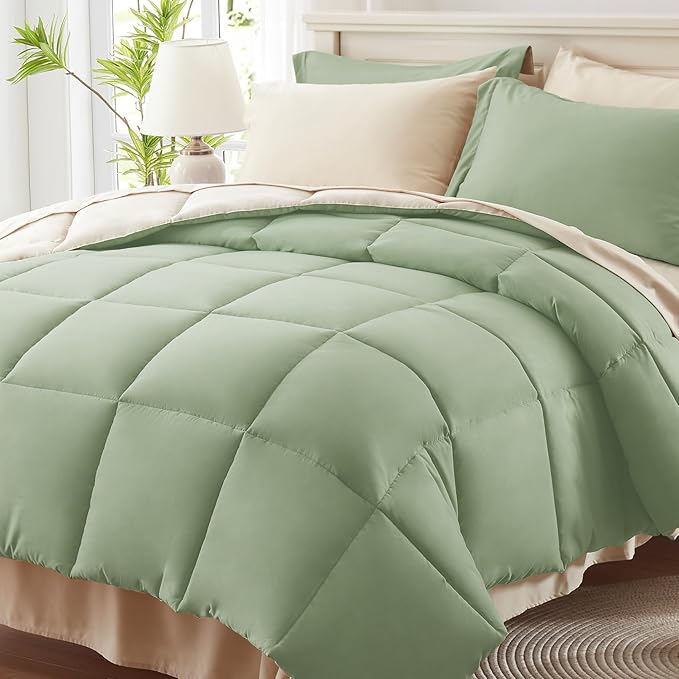 Anluoer Full Size Bed in a Bag 7 Pieces, Sage Green Bed Comforter Set with Sheets, All Season Bedding Sets with 1 Comforter, 2 Pillow Shams, 2 Pillowcases, 1 Flat Sheet,1 Fitted Sheet