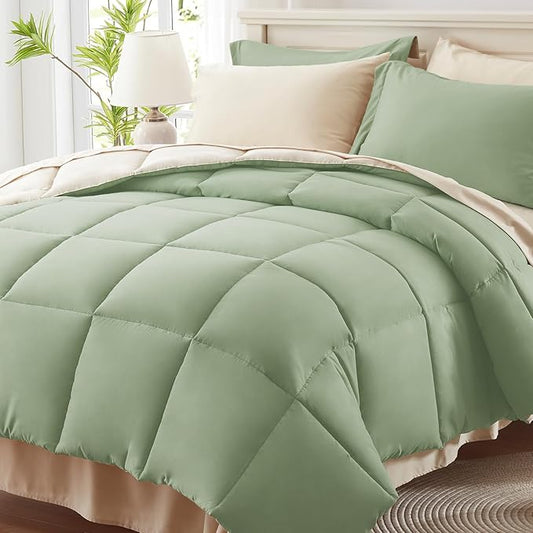 Anluoer Full Size Bed in a Bag 7 Pieces, Sage Green Bed Comforter Set with Sheets, All Season Bedding Sets with 1 Comforter, 2 Pillow Shams, 2 Pillowcases, 1 Flat Sheet,1 Fitted Sheet