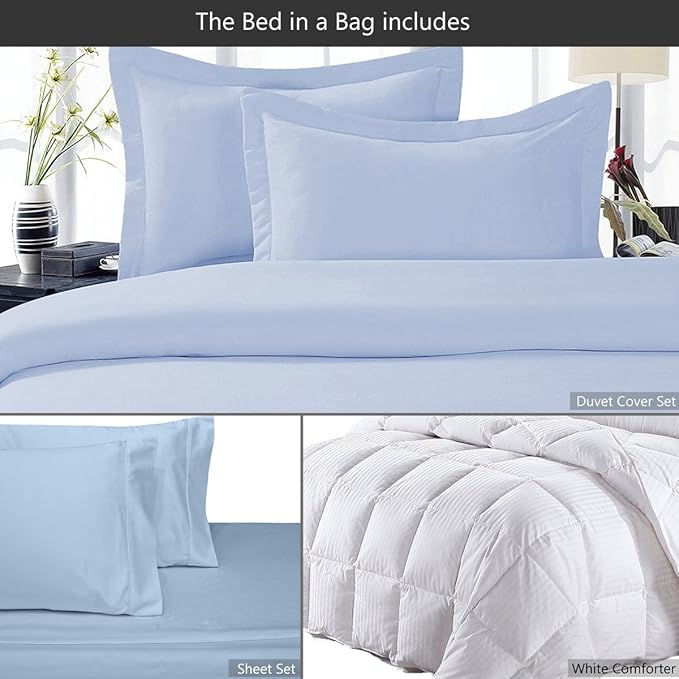 8 Pieces 100% Cotton Solid Blue Queen Goose Down Bed in a Bag Set Including 600TC Sheet Set + 600TC Duvet Cover Set+ All Season Striped Goose Down Comforter 600 Fill Power