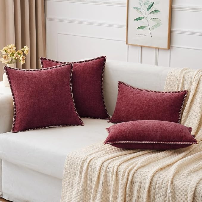MIULEE Pack of 2 Christmas Pillow Covers 12x20 Inch Burgundy Red Farmhouse Decorative Throw Pillow Covers with Stitched Edge Soft Chenille Solid Dyed Couch Pillow Covers for Sofa Bed Living Room