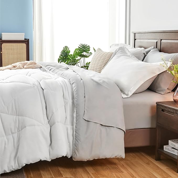 BEDELITE California King Size Comforter Set 7 Pieces Bed in A Bag - Soft Microfiber Reversible Cal King White Bed Set with Comforters, Sheets, Pillowcases & Shams, Cozy Bedding Sets for All Season