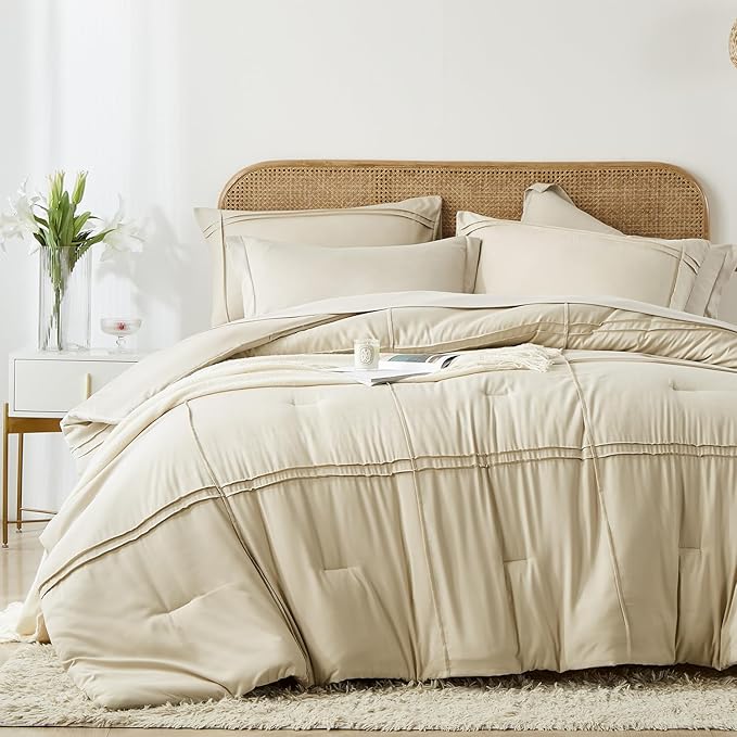 Yogeneg Queen Comforter Set 7 Piece Bed in a Bag,Grid Pinch Pleat Beige Bedding Set,Striped Textured Soft Microfiber Comforter with Sheet Set,All Season Complete Bed Set(Beige,Queen)