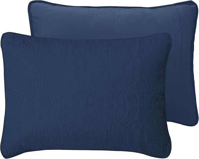 Easy-Going Full/Queen Size Reversible Quilt Set with 1 Quilt and 2 Pillow Shams, Soft Bed Quilt Cover, Water Resistant Lightweight Microfiber Bedspread, Stain Resistant, Damask-Dark Blue/Light Blue
