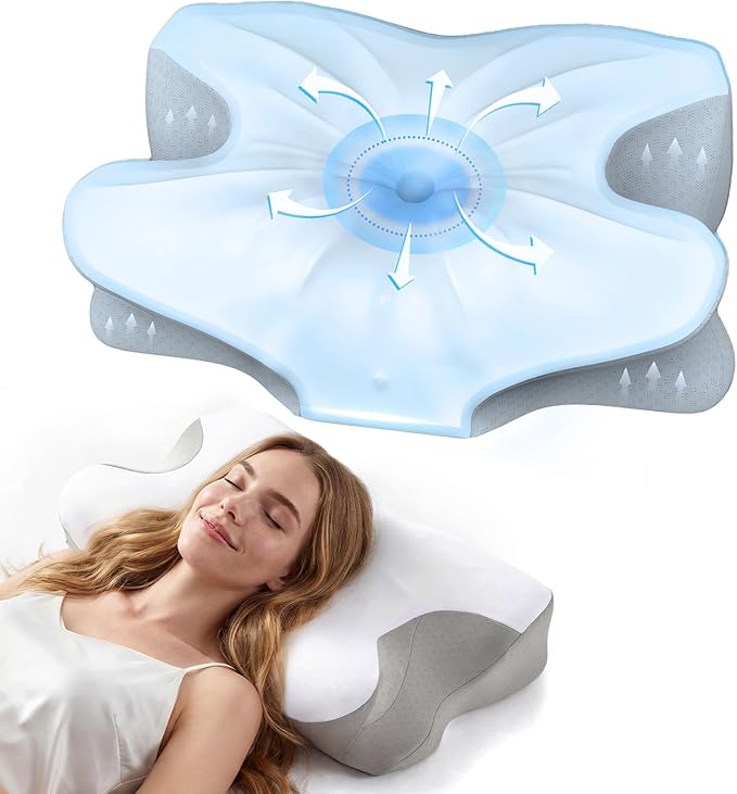 Ergonomic Cervical Memory Foam Pillow with Wide Arm Support Area, Cooling Breathable Removable Pillowcase, for Side, Back and Stomach Sleepers, for Better Neck Comfort