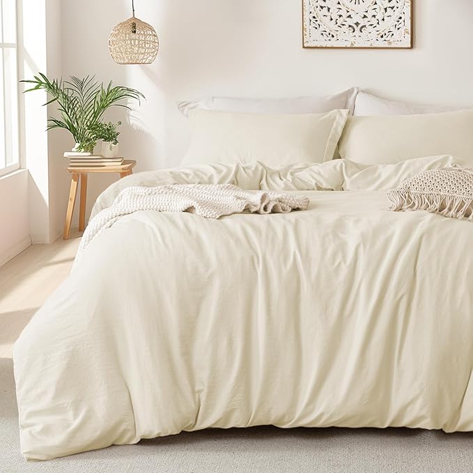 MILDLY Super Soft Duvet Cover - 100% Washed Microfiber Beige Comforter Cover Set 3 Pieces with Zipper Closure & Corner Ties (No Comforter) (No Comforter)