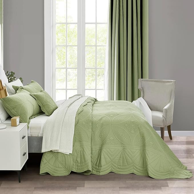 Oversized Bedspread - King Size Bedding Cover - Modern & Contemporary Coverlet Set, Real Stitching, Reversible, Lightweight, 5 Piece, Sage Green