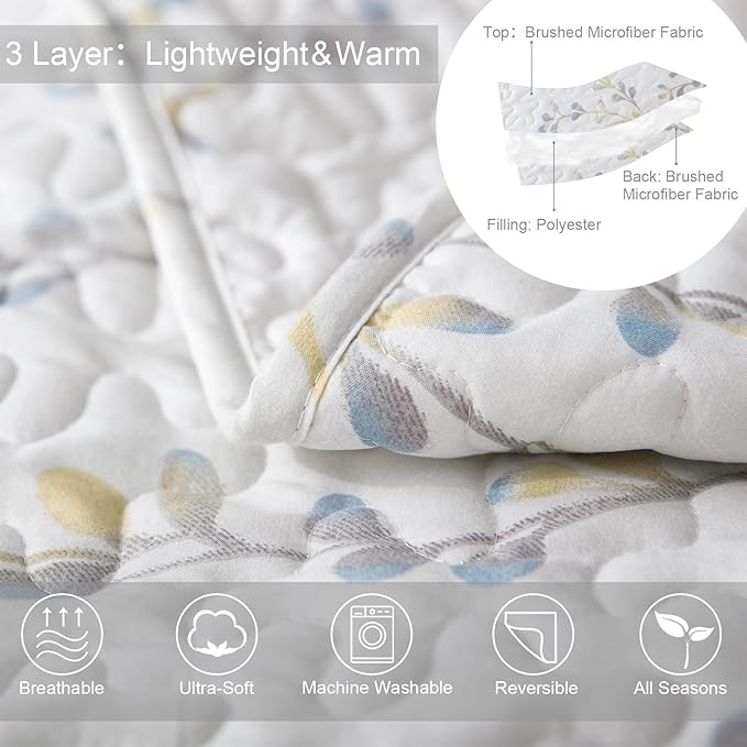 Exclusivo Mezcla Reversible Boho Quilts Queen Size, White Bedspreads Lightweight Coverlet All Season Flowers Quilt Bedding Set with Printed Floral Pattern (1 Quilt, 2 Pillow Shams)