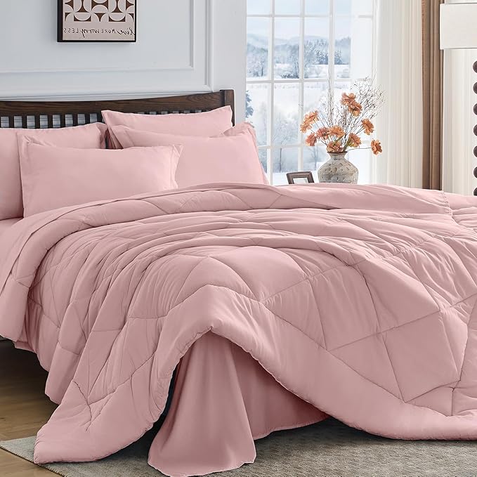 HEVUMYI Dusty Pink Twin Comforter Set - 5-Piece All Season Bed in a Bag Twin, Ultra Soft Bedding Set with Comforter, Flat Sheet, Fitted Sheet, Pillowcases, Pillow Shams