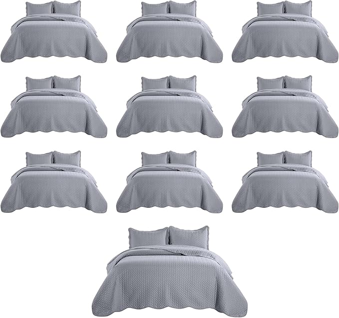 MOONLIGHT20015 Twin Quilt Bedding Set (68” x 86”) - Bulk Pack of 10 Wholesale for Hotels, Guest Bedroom & Airbnbs - Lightweight Microfiber Reversible Embossed Quilts Bedspreads (Silver)