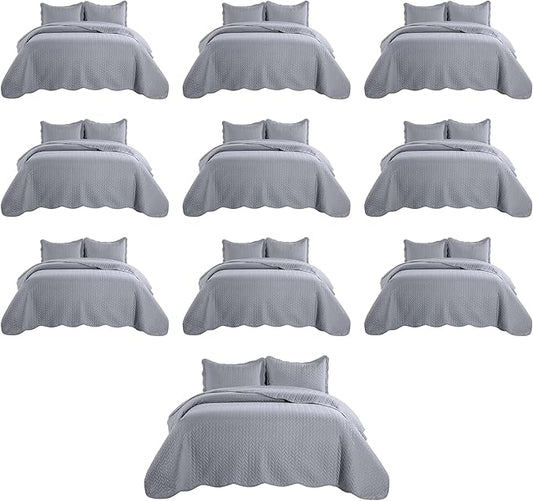 MOONLIGHT20015 Twin Quilt Bedding Set (68” x 86”) - Bulk Pack of 10 Wholesale for Hotels, Guest Bedroom & Airbnbs - Lightweight Microfiber Reversible Embossed Quilts Bedspreads (Silver)