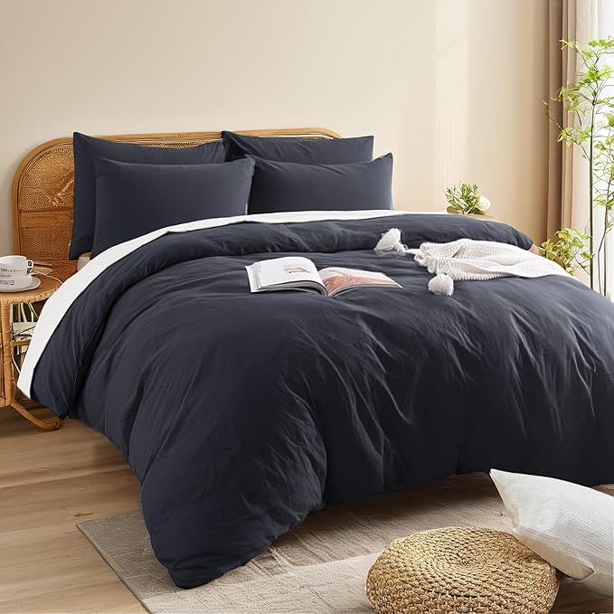 NEXHOME PRO Cal King Duvet Cover Set, 100% Certified Organic Cotton with Washed Feel & Linen-Like Texture, Comfortable & Breathable, Home Bedding Set Dark Grey (No Comforter) 10498